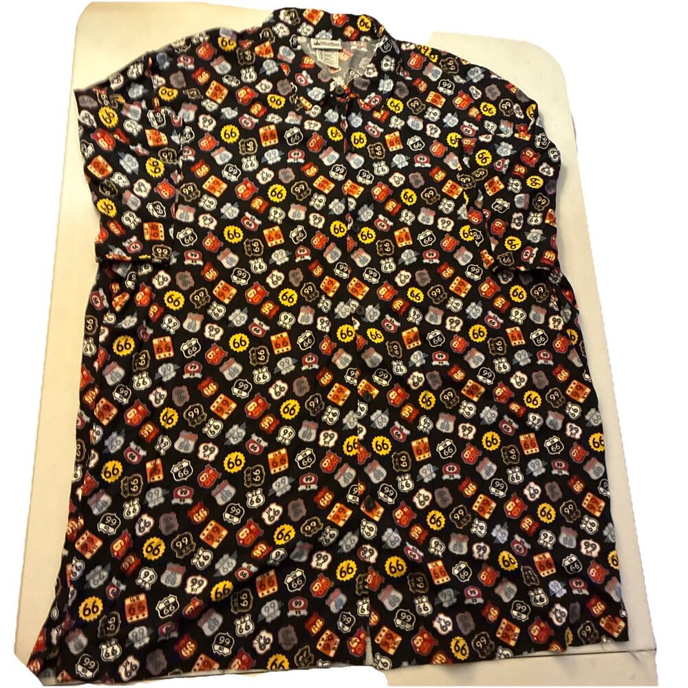Disney Parks Route 66 All Over Print Mens XXL Hawaiian Camp Shirt SEE PHOTOS